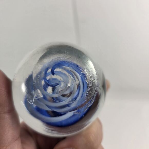 Art Glass Paperweight In Clear with Blue Swirls unsigned desk decretive piece - Picture 6 of 9
